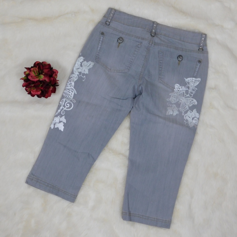 Jou Jou Women Y2K Skimmer Cropped Jeans Size 7/8 Foil Butterfly Rhinestone Gray - Picture 2 of 8